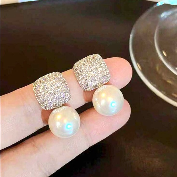 Cubic Zirconia Pearl Dangle Earrings - Picture 4 of 6